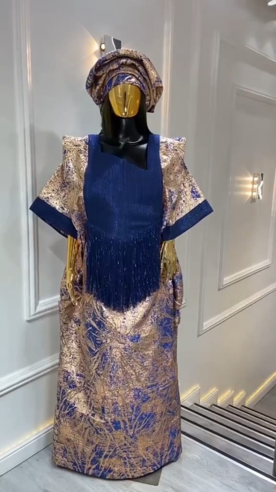 UMUNDE Brocade Damask Bubu – Luxury Navy Blue & Champagne Gold Metallic Jacquard Free Size African Bubu Kaftan Maxi Dress with Fringe Detail & Matching Headwrap