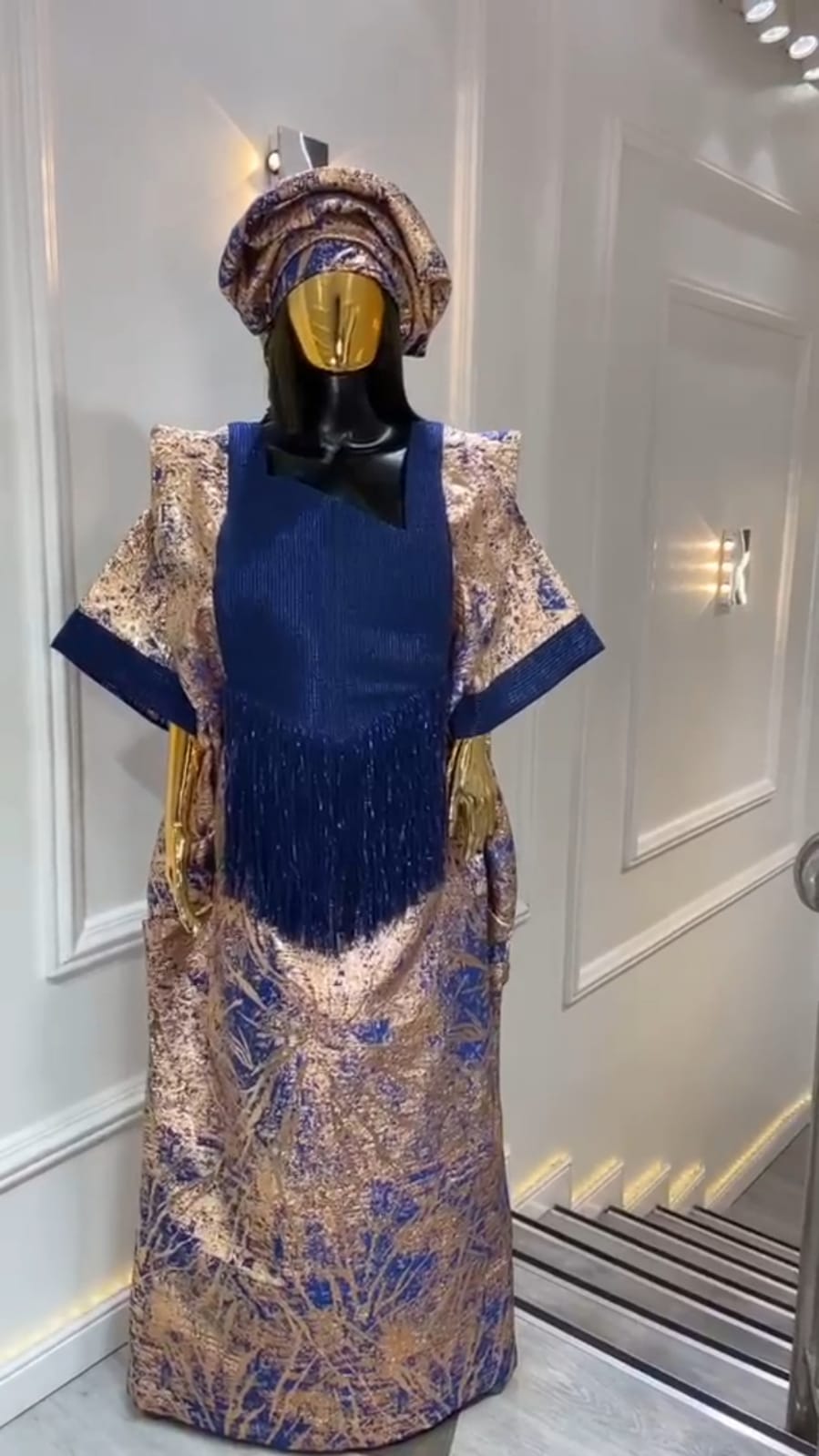UMUNDE Brocade Damask Bubu – Luxury Navy Blue & Champagne Gold Metallic Jacquard Free Size African Bubu Kaftan Maxi Dress with Fringe Detail & Matching Headwrap