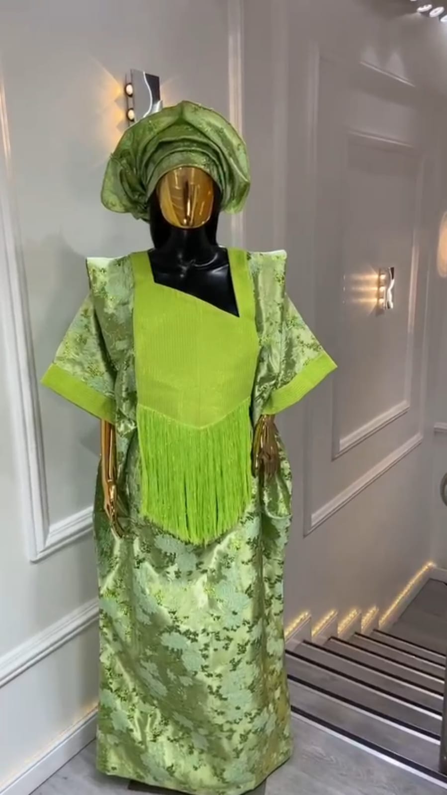 UMUNDE Brocade Damask Bubu – Luxury Lime Green & Olive Metallic Jacquard Free Size African Bubu Kaftan Maxi Dress with Fringe Detail & Matching Headwrap