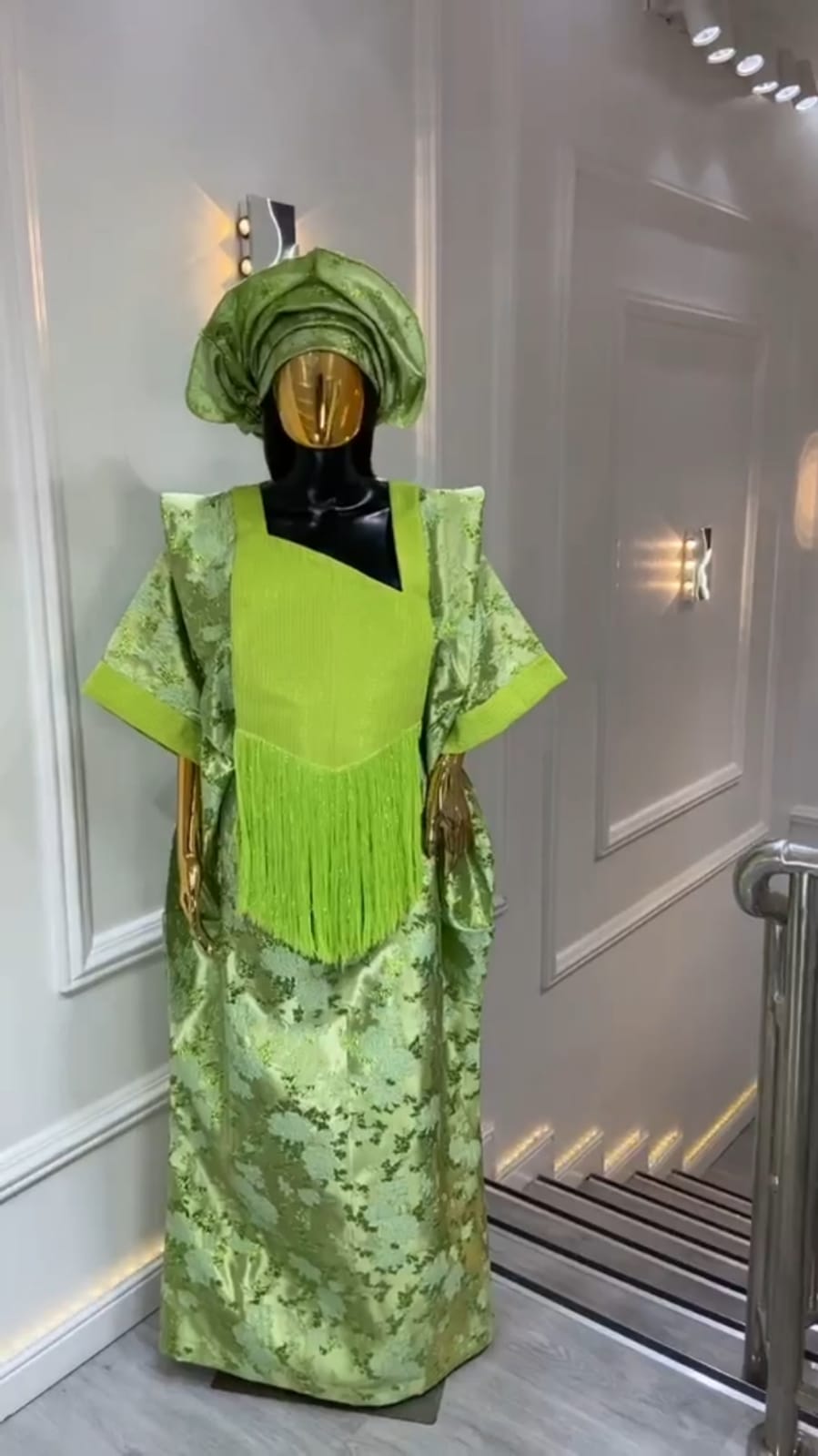 UMUNDE Brocade Damask Bubu – Luxury Lime Green & Olive Metallic Jacquard Free Size African Bubu Kaftan Maxi Dress with Fringe Detail & Matching Headwrap