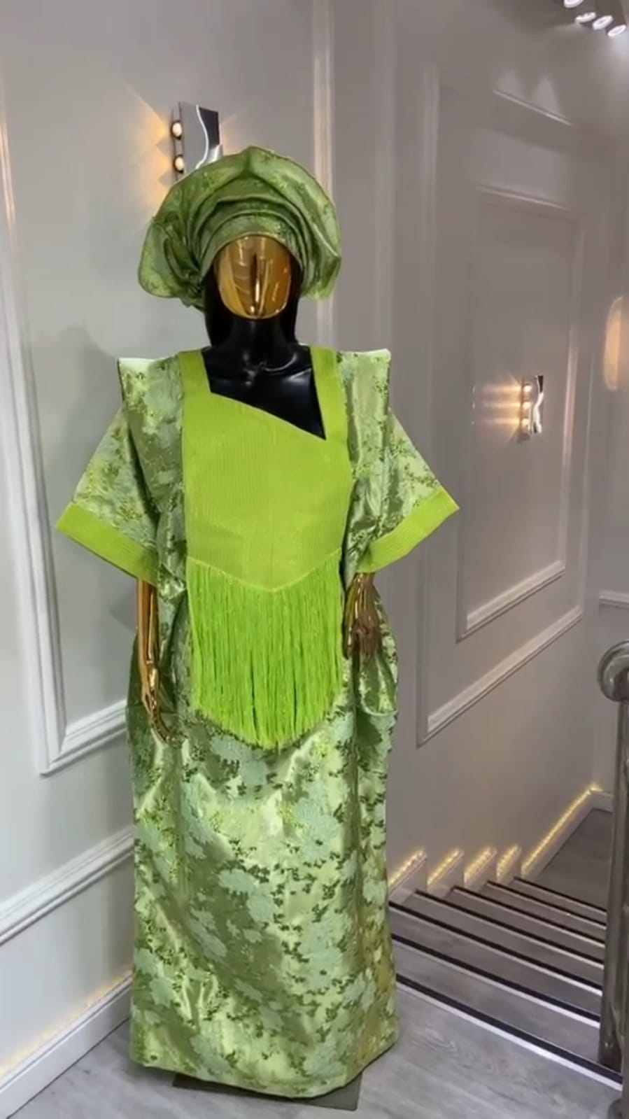 UMUNDE Brocade Damask Bubu – Luxury Lime Green & Olive Metallic Jacquard Free Size African Bubu Kaftan Maxi Dress with Fringe Detail & Matching Headwrap
