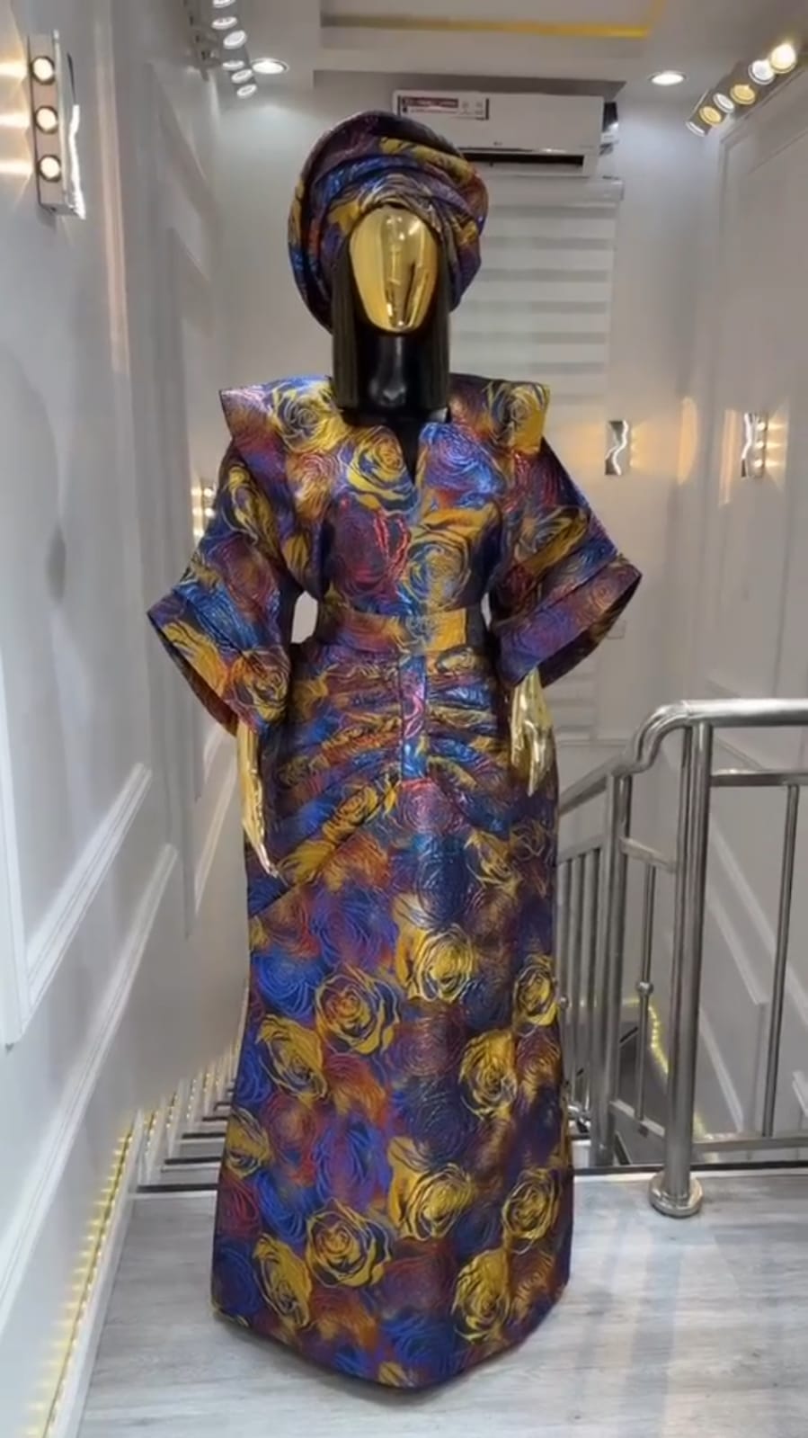 UMUNDE Brocade Damask Dress – Luxury Multicolor Rose Floral Jacquard Structured Shoulder African Maxi Dress with Matching Headwrap