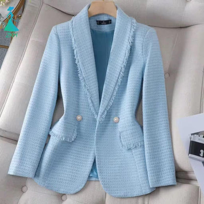 Elegant women's classic tweed jacket tailored for fall and winter fashion