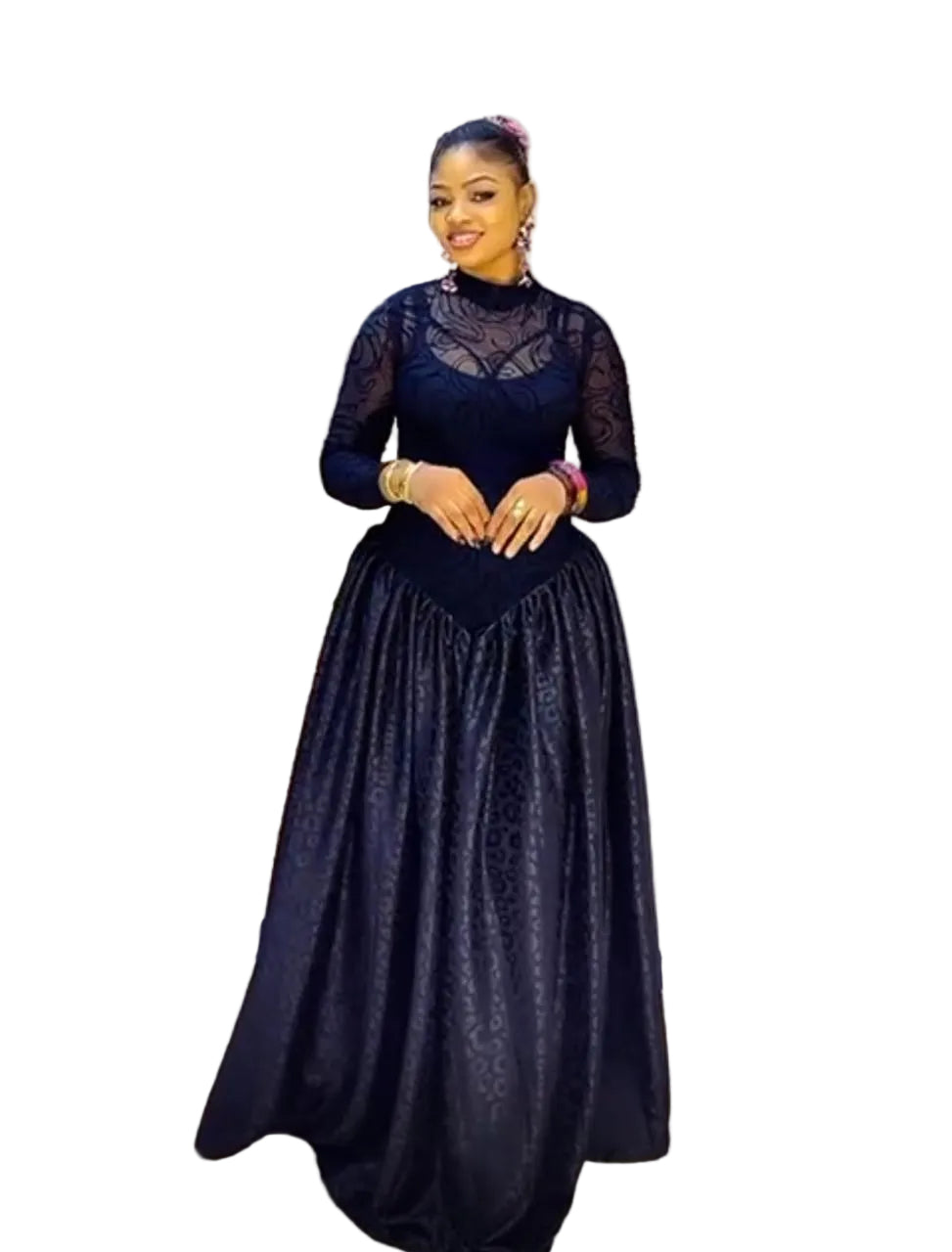 Women’s elegant black lace maxi gown with long sheer sleeves and high neckline for evening events