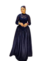 Women’s elegant black lace maxi gown with long sheer sleeves and high neckline for evening events