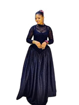 Women’s elegant black lace maxi gown with long sheer sleeves and high neckline for evening parties