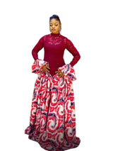 Women’s burgundy lace bodice maxi dress with long sleeves and Ankara flare skirt