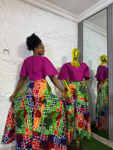 Umunde Women’s 2-Piece Ankara Set multicolor wide-leg trousers with pink flared sleeve blouse