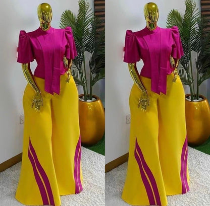 Women’s elegant two-piece pants set with puff sleeve top and wide-leg colorblock trousers