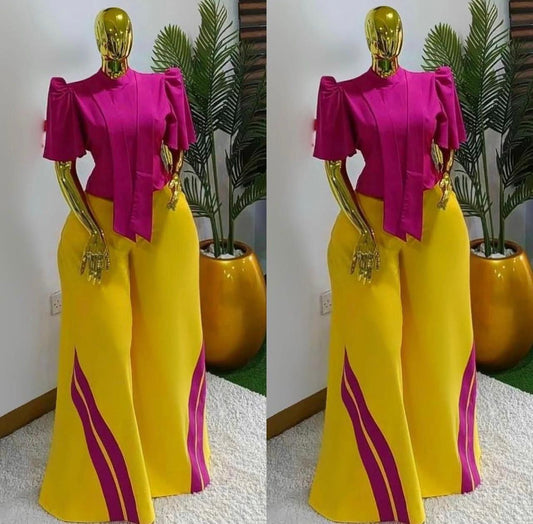 Women’s elegant two-piece pants set with puff sleeve top and wide-leg colorblock trousers