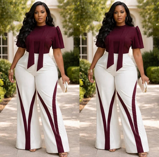 Women’s elegant two-piece pants set with tie-front top and high-waisted wide-leg trousers featuring contrast stripes