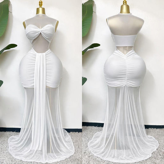Women’s strapless white mesh bodycon dress with ruched mini skirt and sheer maxi overlay