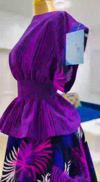 Luxury Purple & Black African Print Peplum Top and Flared Skirt Set