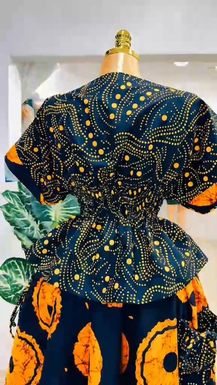 Luxury Black & Orange African Print Peplum Top and Maxi Skirt Set