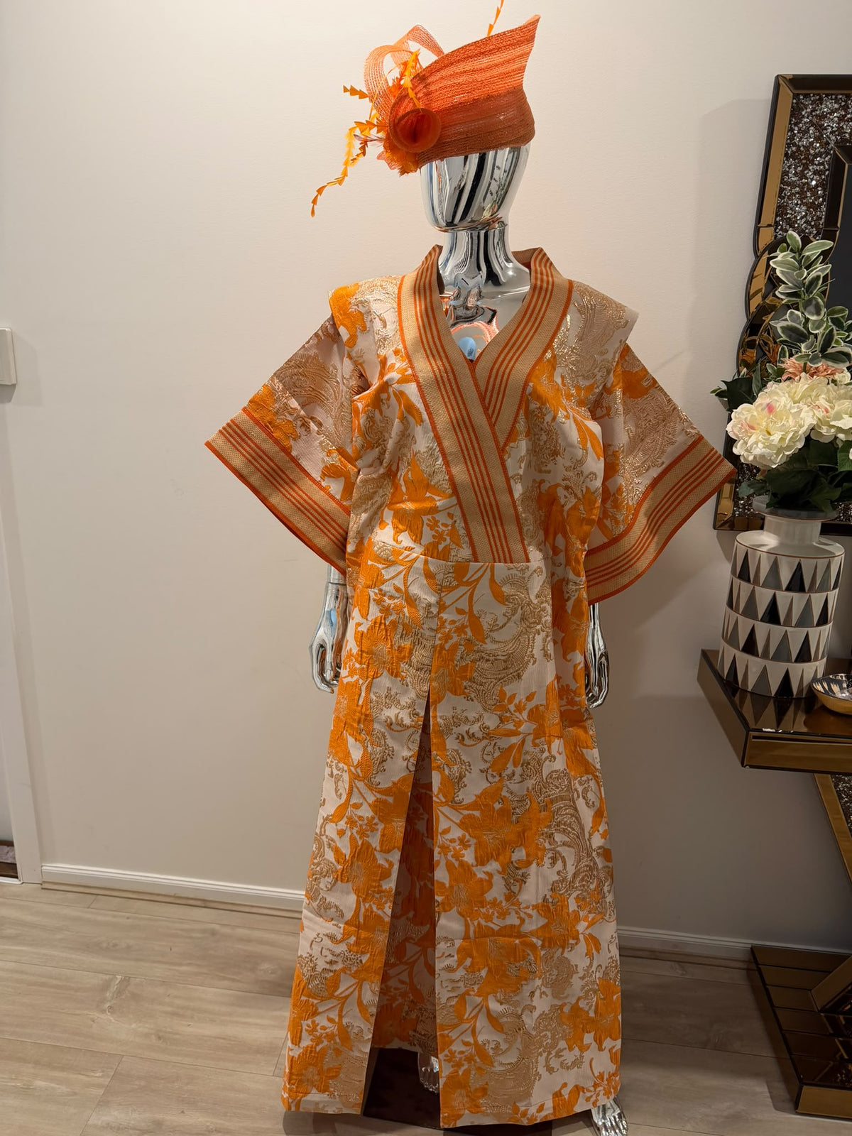 Elegant Orange Floral Kimono Bubu Maxi Dress – Free Size with Adjustable Waist & Bust Belts