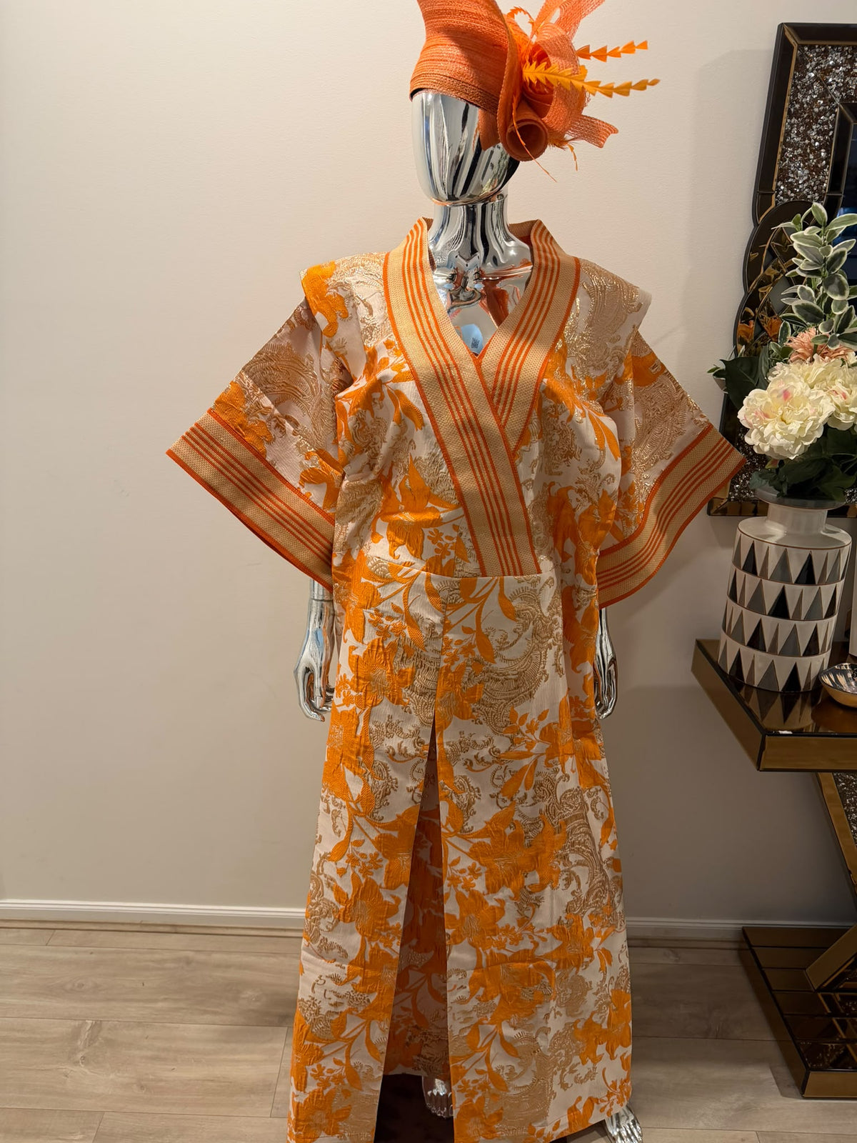 Elegant Orange Floral Kimono Bubu Maxi Dress – Free Size with Adjustable Waist & Bust Belts