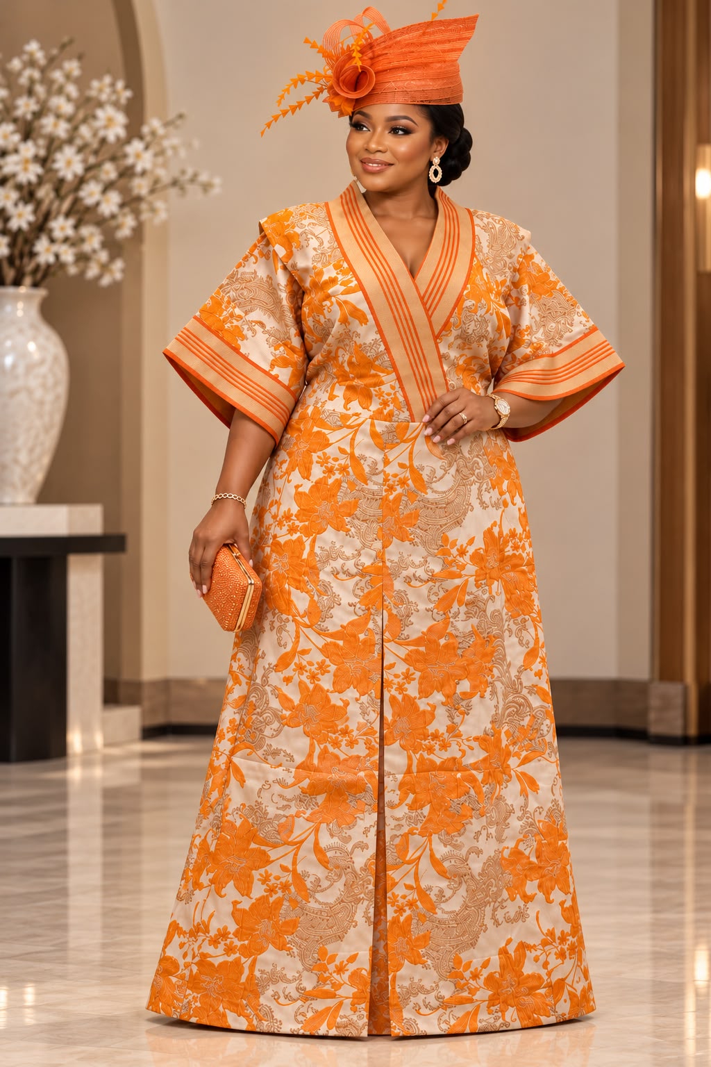 Elegant Orange Floral Kimono Bubu Maxi Dress – Free Size with Adjustable Waist & Bust Belts