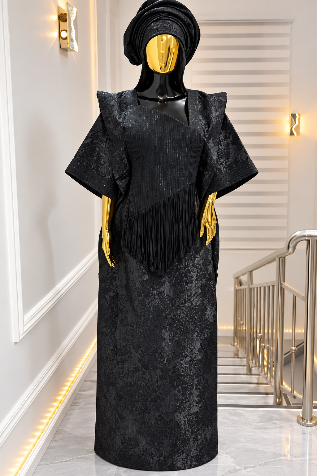 UMUNDE Brocade Damask Bubu – Luxury Black Floral Jacquard Free Size African Bubu Kaftan Maxi Dress with Asymmetric Fringe Detail & Matching Headwrap
