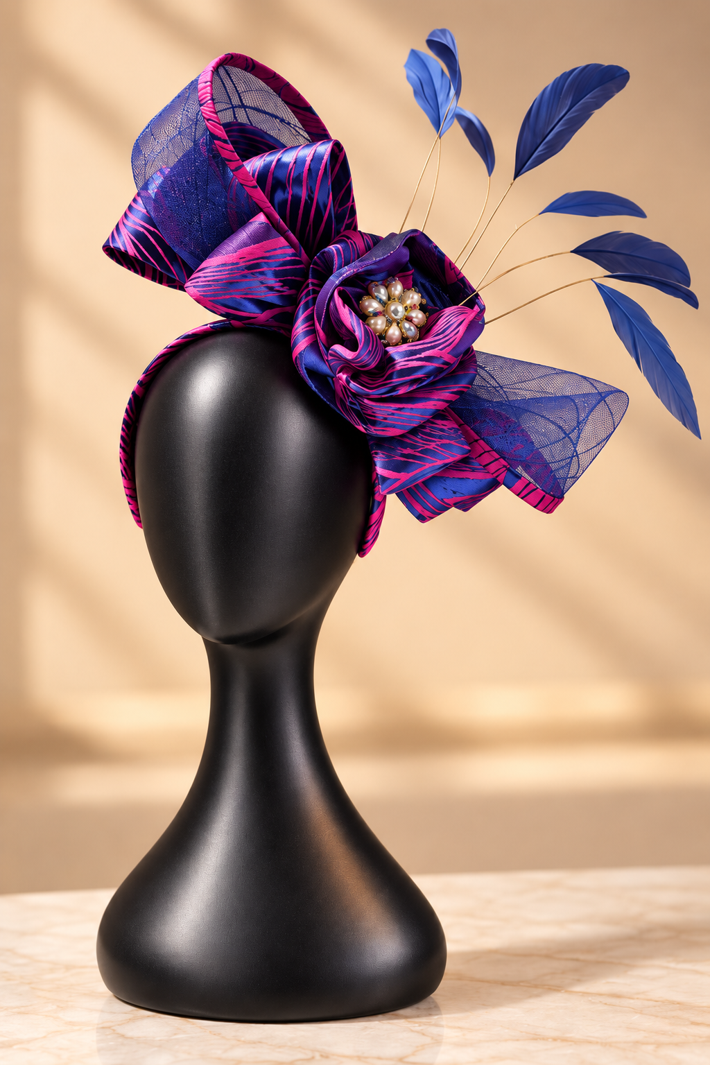 Women’s Purple Floral Fascinator Hat | Luxury Feather Hair Headpiece with Bow Detail | Wedding Race Day Party Accessory | Elegant Statement Fascinator
