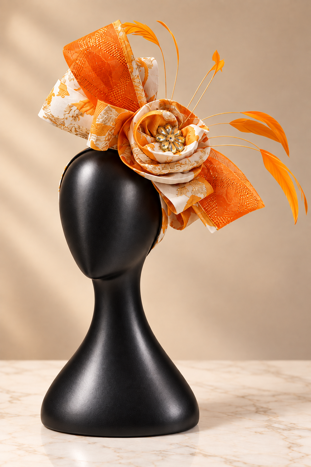 Women’s Orange Floral Fascinator Hat | Luxury Feather Hair Headpiece with Bow Detail | Wedding Race Day Party Accessory | Elegant Statement Fascinator