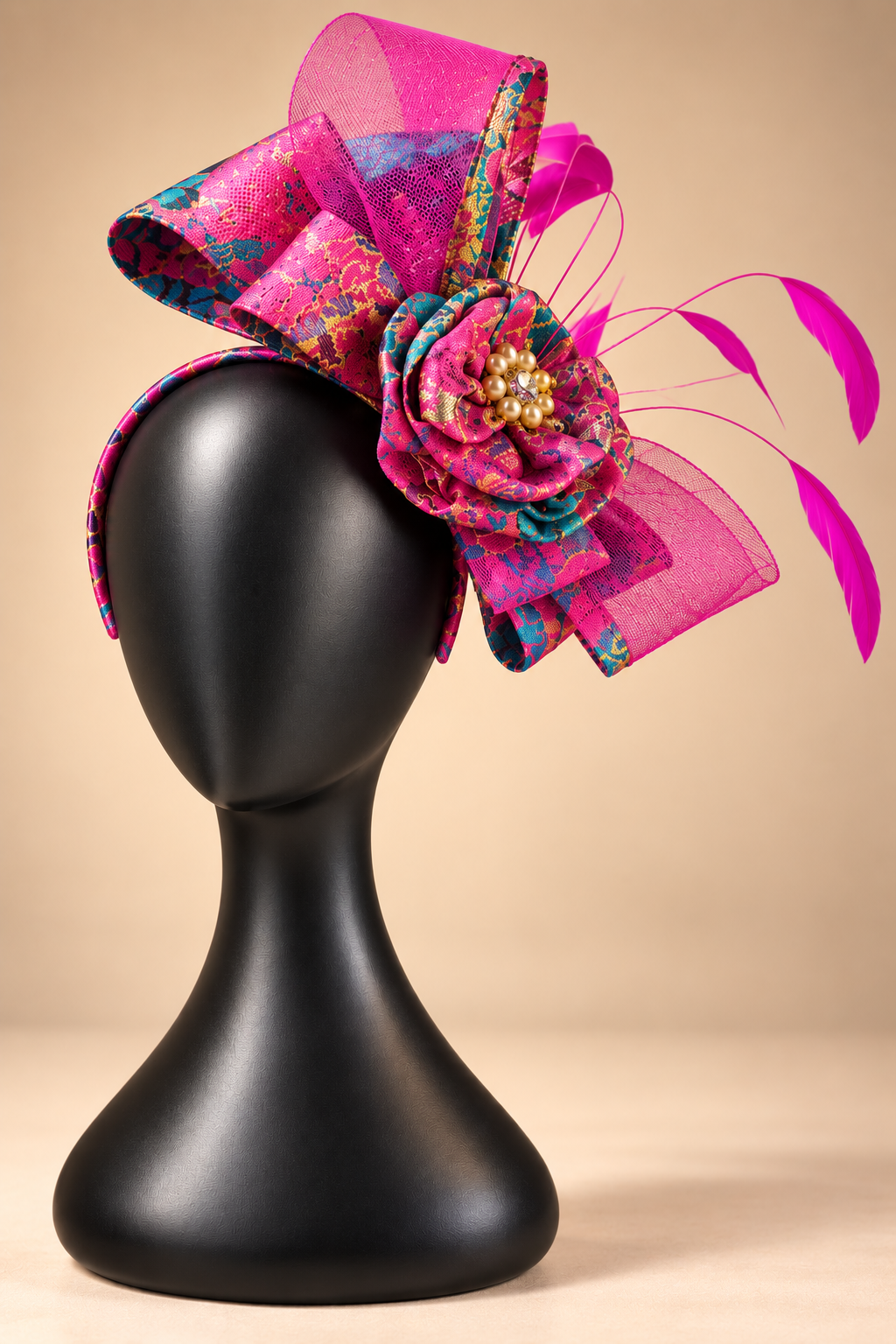 Women’s Pink Floral Fascinator Hat | Luxury Bow Hair Headpiece with Feather Detail | Wedding Race Day Party Accessory | Elegant Statement Fascinator