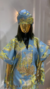 Luxury Sky Blue & Gold Brocade Kaftan Dress with Matching Headwrap – Elegant Women’s Party & Occasion Wear