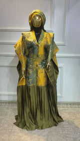 Yellow and Green Floral & Gold Pleated African Damask Brocade Bubu Boubou Elegant Event Dress
