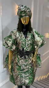 Luxury Green & Gold Brocade Kaftan Dress with Matching Headwrap – Elegant Women’s Formal & Party Wear