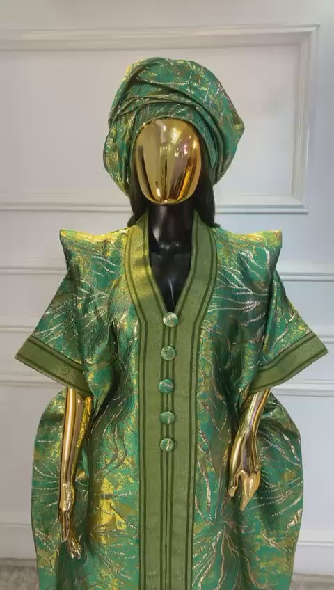 UMUNDE Green and Gold Stripes African Damask Brocade Bubu Boubou Elegant Event Dress