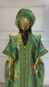 UMUNDE Green and Gold Stripes African Damask Brocade Bubu Boubou Elegant Event Dress
