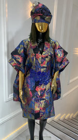 Luxury Multicolor Metallic Brocade Kimono Robe with Beaded Waist & Matching Turban – Designer Women’s Statement Outfit