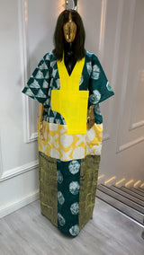 Luxury Adire Long Dress for Women – Handmade African Print Maxi Dress with Modern Color Block Design