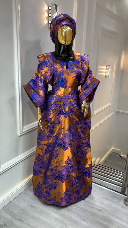 UMUNDE Royal Blue & Gold African Waist Snatched African Damask Bubu Boubou Elegant Event Dress
