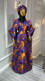 UMUNDE Royal Blue & Gold African Waist Snatched African Damask Bubu Boubou Elegant Event Dress