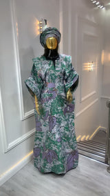 Green Grey & Gold Waist Snatched African Damask Bubu Boubou Elegant Event Dress