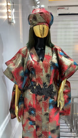 Luxury Metallic Brocade Kimono Robe with Beaded Belt & Matching Turban – Elegant Women’s Statement Outfit