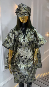 Luxury Black & Gold Metallic Brocade Kimono Robe with Embellished Waist and Matching Turban – Designer Women’s Statement Outfit