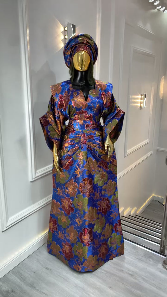 Royal Blue, Maroon & Gold African Waist Snatched African Damask Bubu Boubou Elegant Event Dress